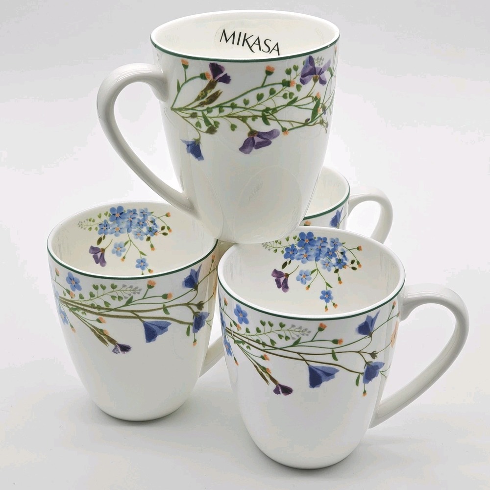 Mikasa Quinn Bone China 12 Oz. Coffee Mugs Floral Set of Four New